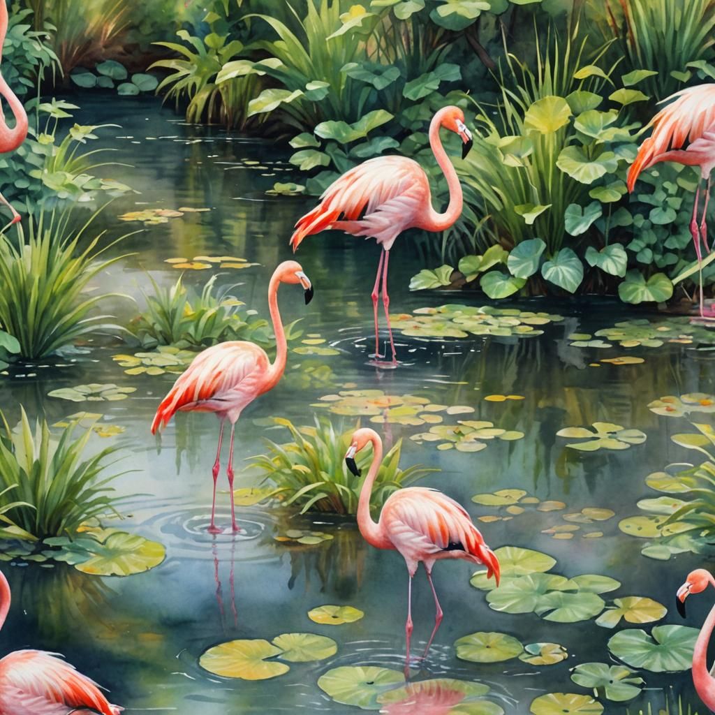 Watercolor Flamingo in Lush Greenery