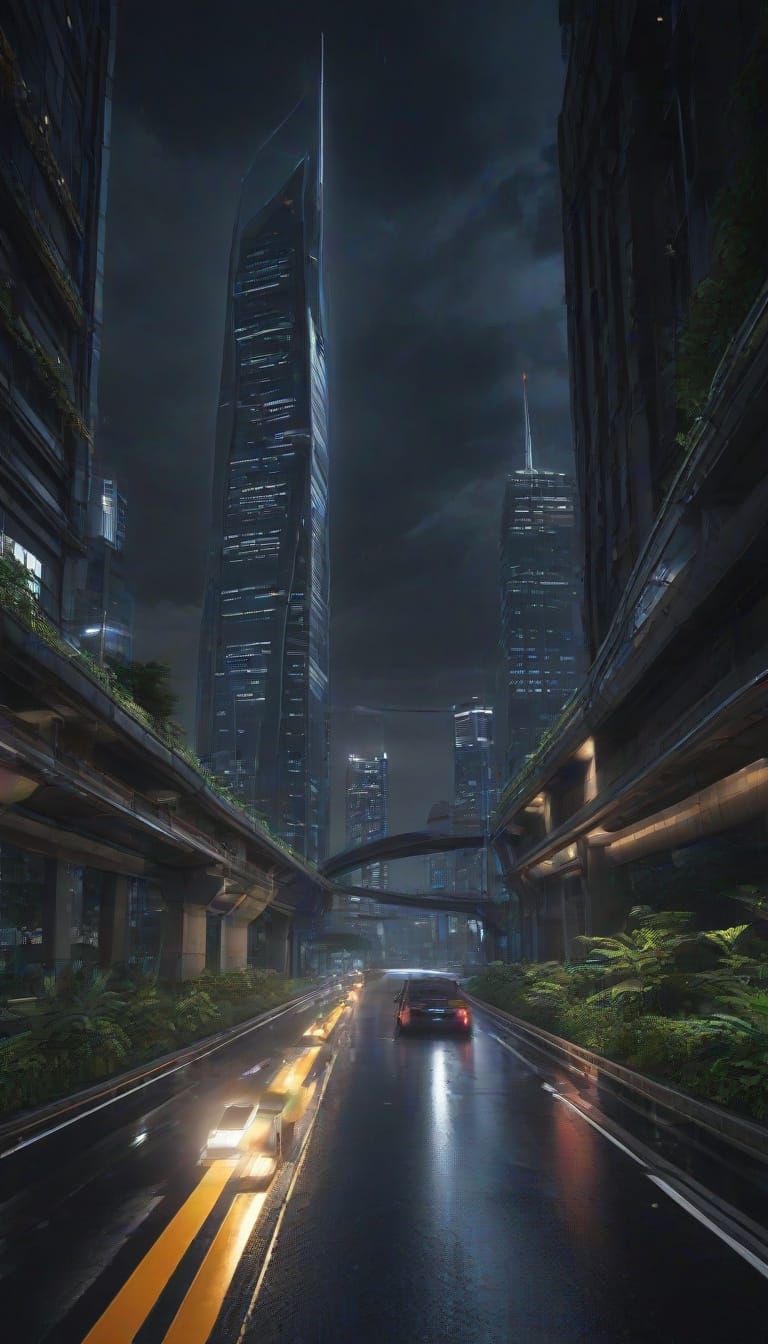 Futuristic Skyscraper Abstraction in Dark Night View