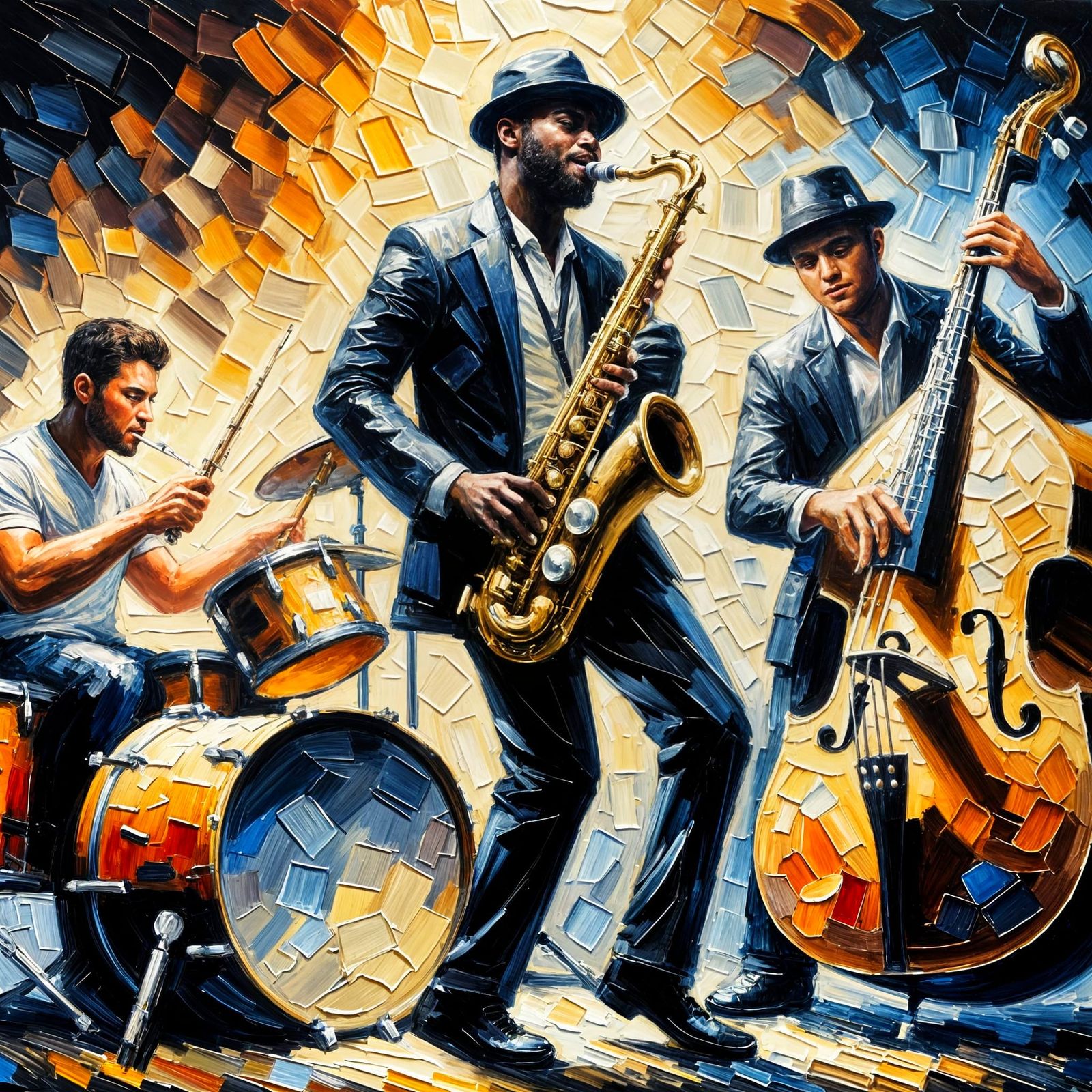 Jazz Trio Performance in Impasto Style