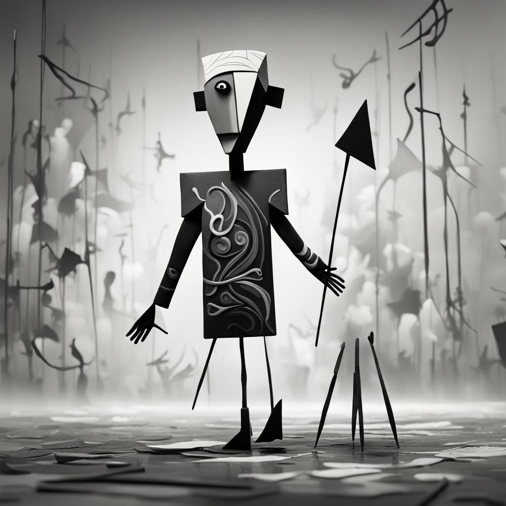 Walking Picasso-esque Figure in Black and White