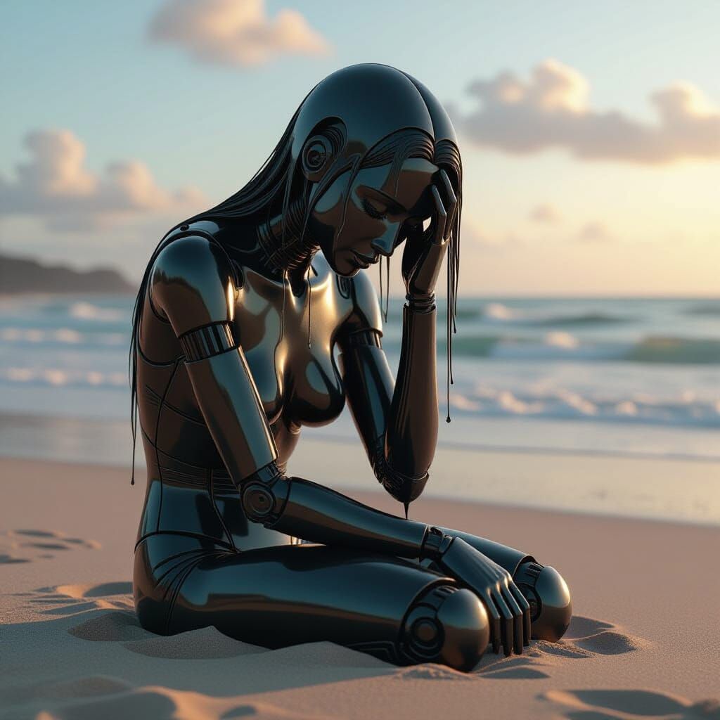 Weeping Android Woman on a Serene Beach
