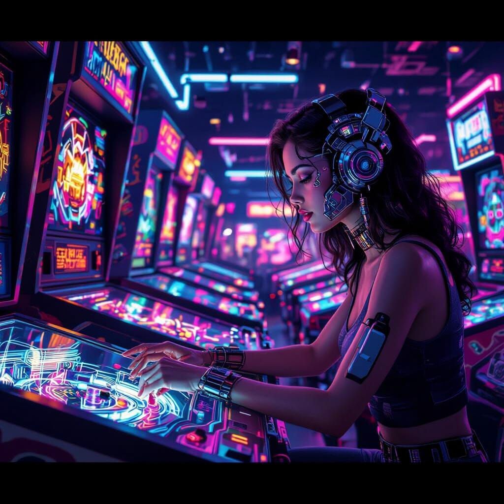 Retro-Futuristic Arcade Scene with Cybernetic Woman
