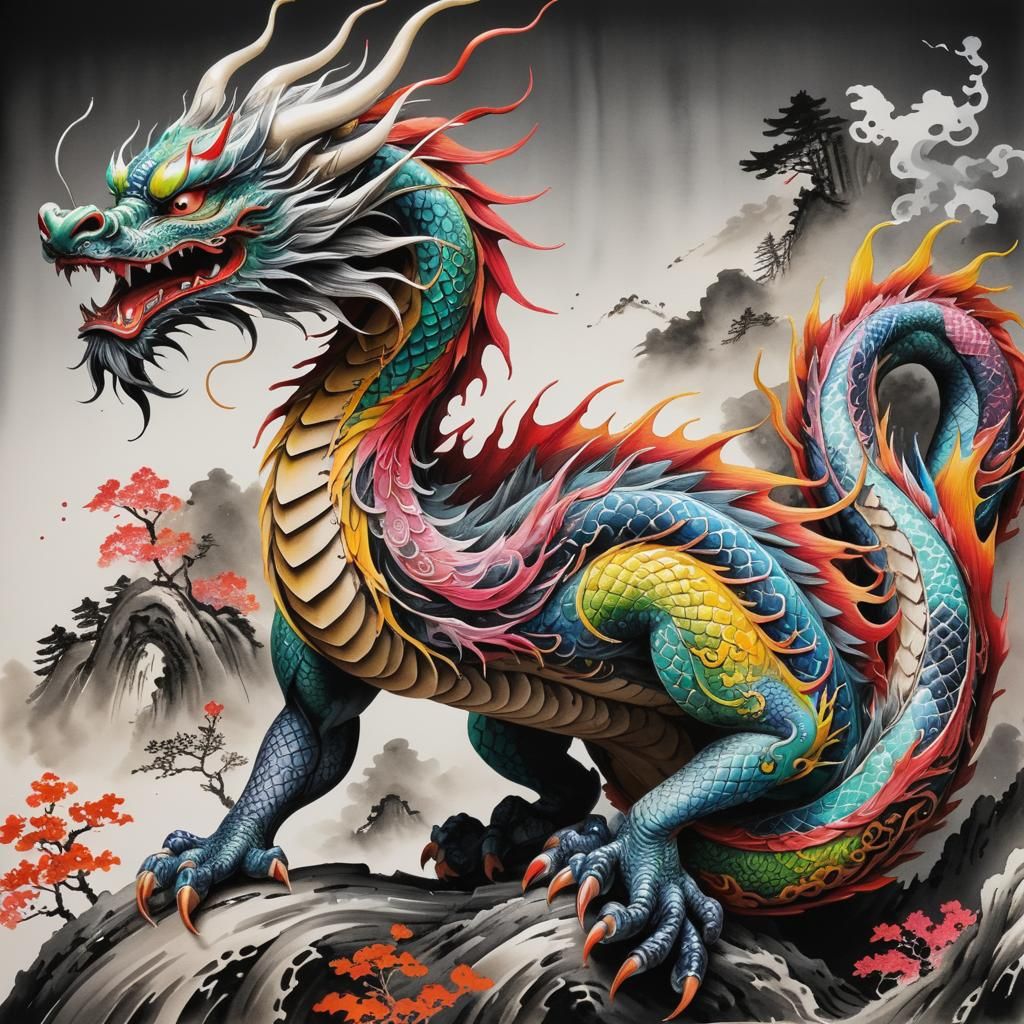 Colorful Sumi-e Dragon with Intricate Details