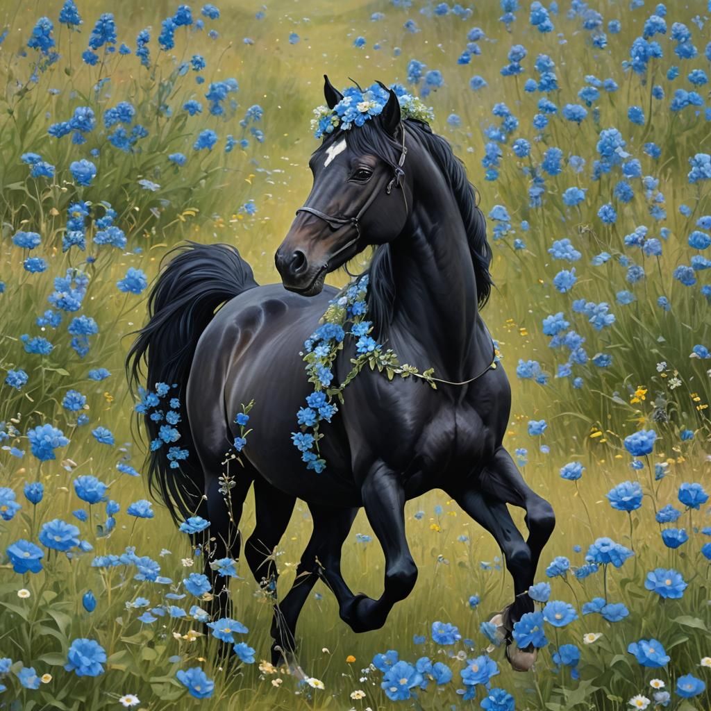 Black Horse with Blue Flower Crown in Meadow
