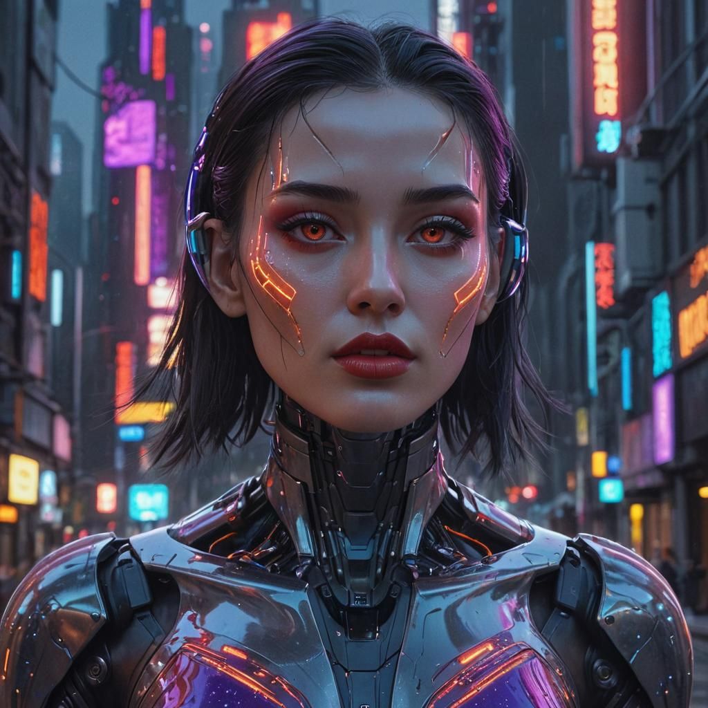 Robot Girl in Cyberpunk Cityscape: Sci-Fi Concept Art