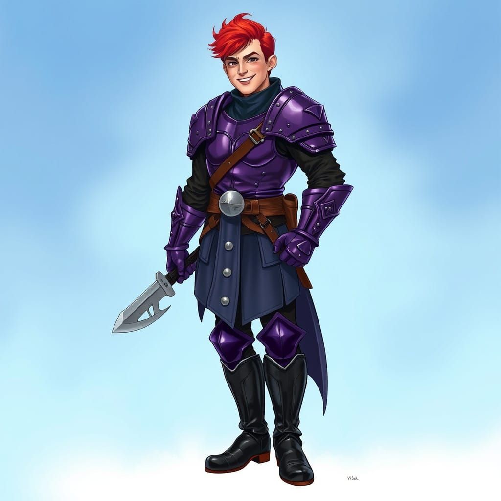 Cheerful Guard in Purple Leather Armor, High Fantasy, D&D St...