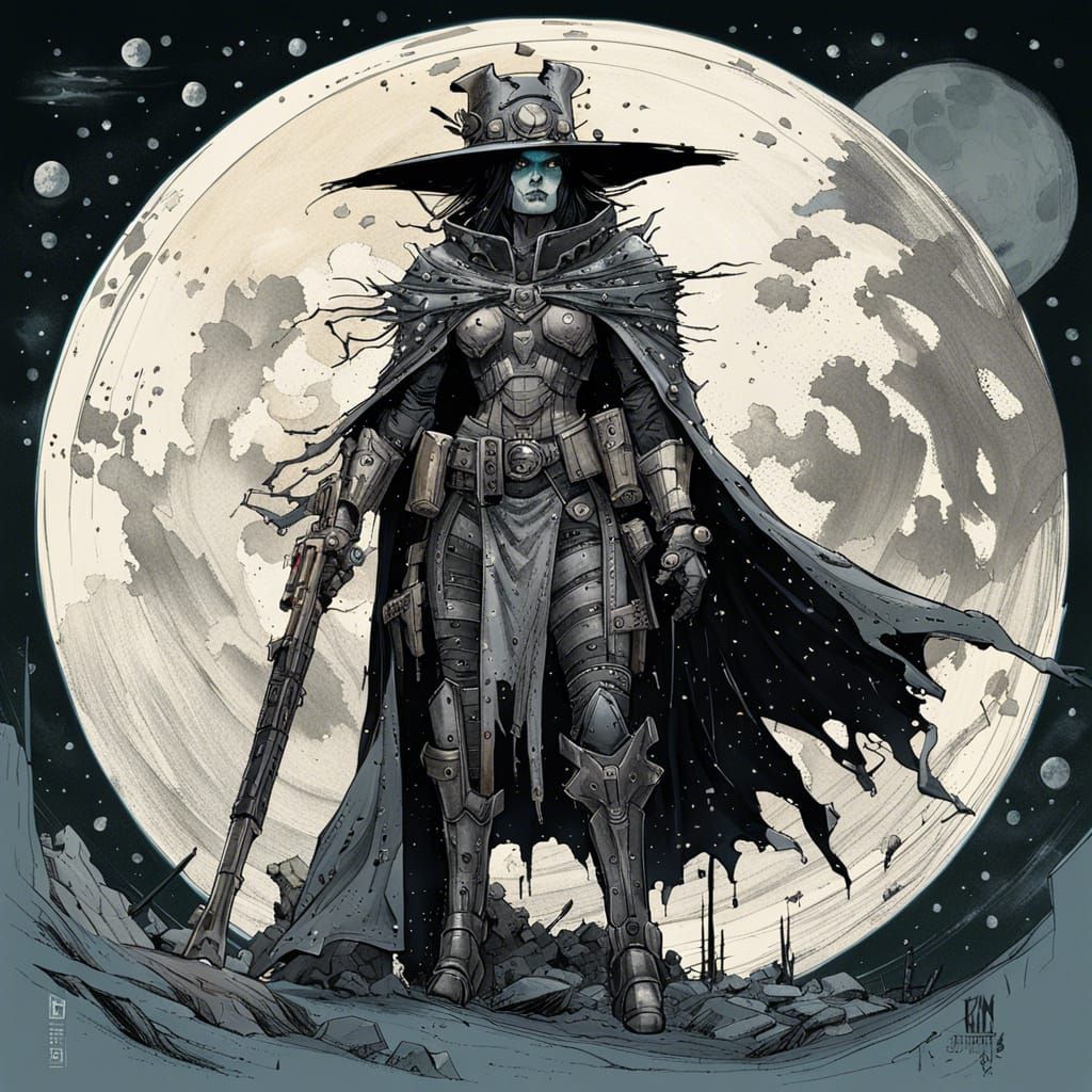 Goth Witch in Mechwarrior Armor: Dark Fantasy Illustration