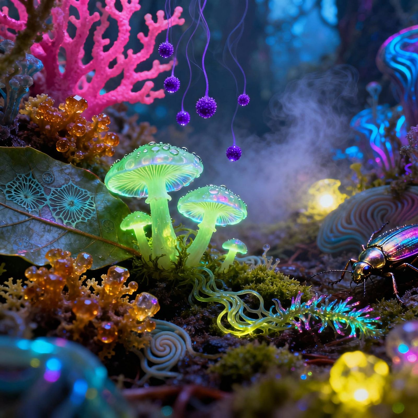 Alien Bioluminescent Forest Floor in Surreal Macro Style