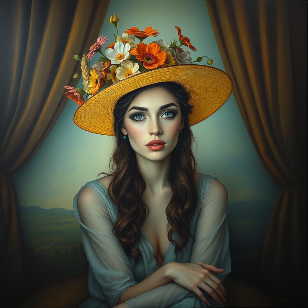 Ethereal Woman in Vibrant Spring Hat, Glowing Lips Amidst Di...