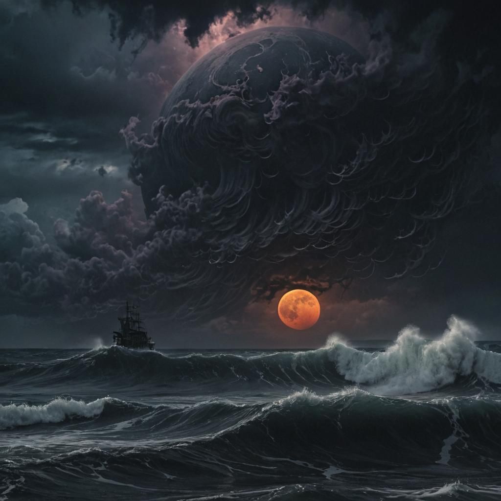 Black Moon Over Typhoon Sea: Dark Fantasy Painting