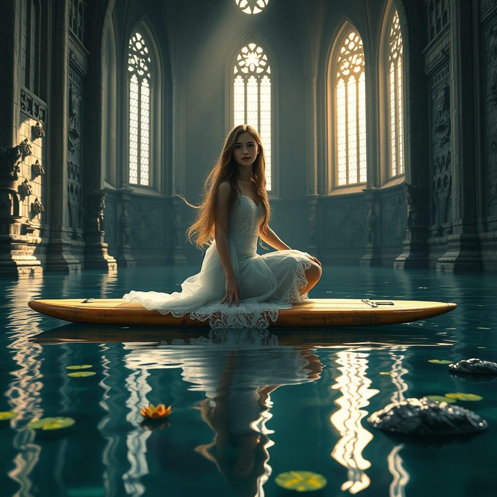 Ethereal Castle Scene with Surfing Girl in White Gown