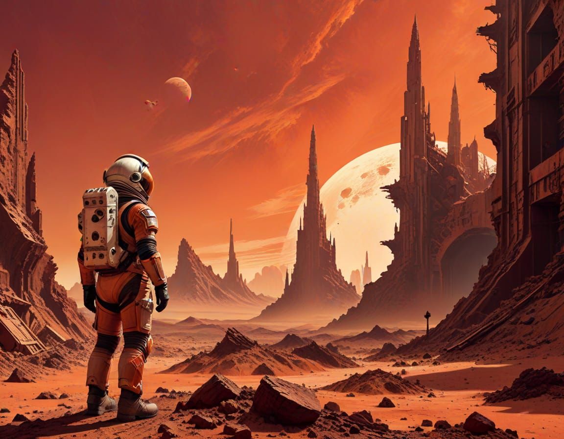 Retro Sci-Fi Astronaut on Ruined Mars