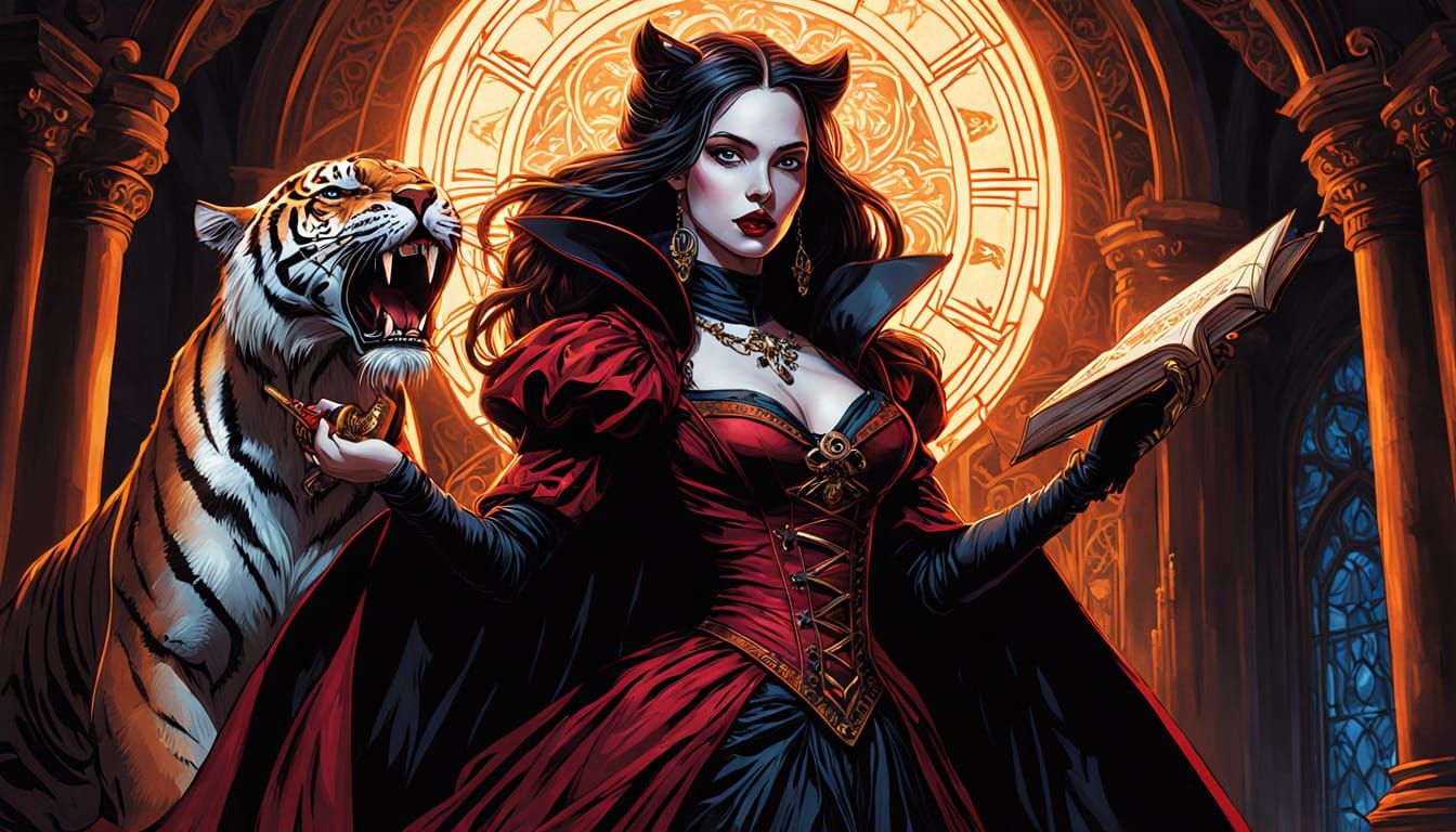 Victorian Vampire Sorceress Levitation in Gothic Comic Style