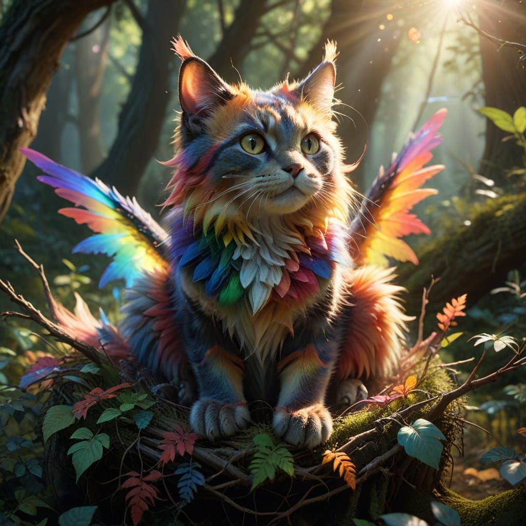 Rainbow Cat-Dragon in Vibrant Secret Forest