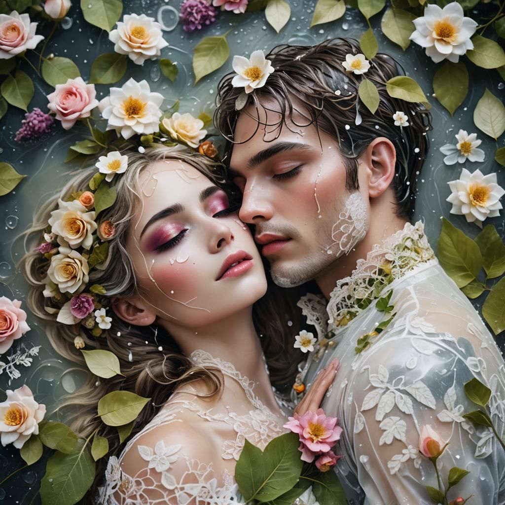 Romantic Couple in Floral Embrace: Ethereal Lace Fantasy