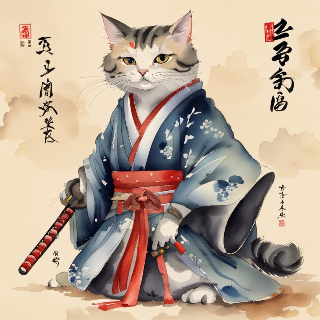Samurai Cat in Japanese Watercolor Style