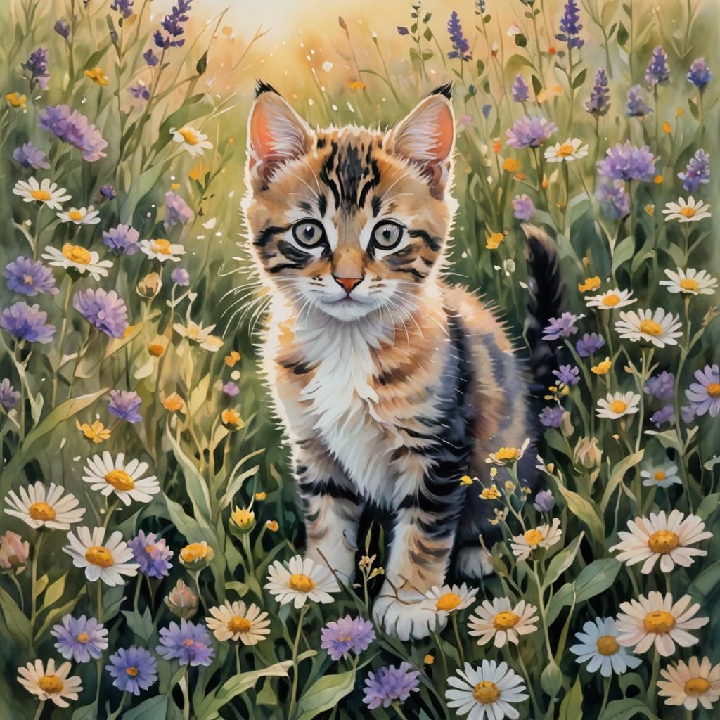 Watercolor Kitten in Wildflowers with Expressive Eyes