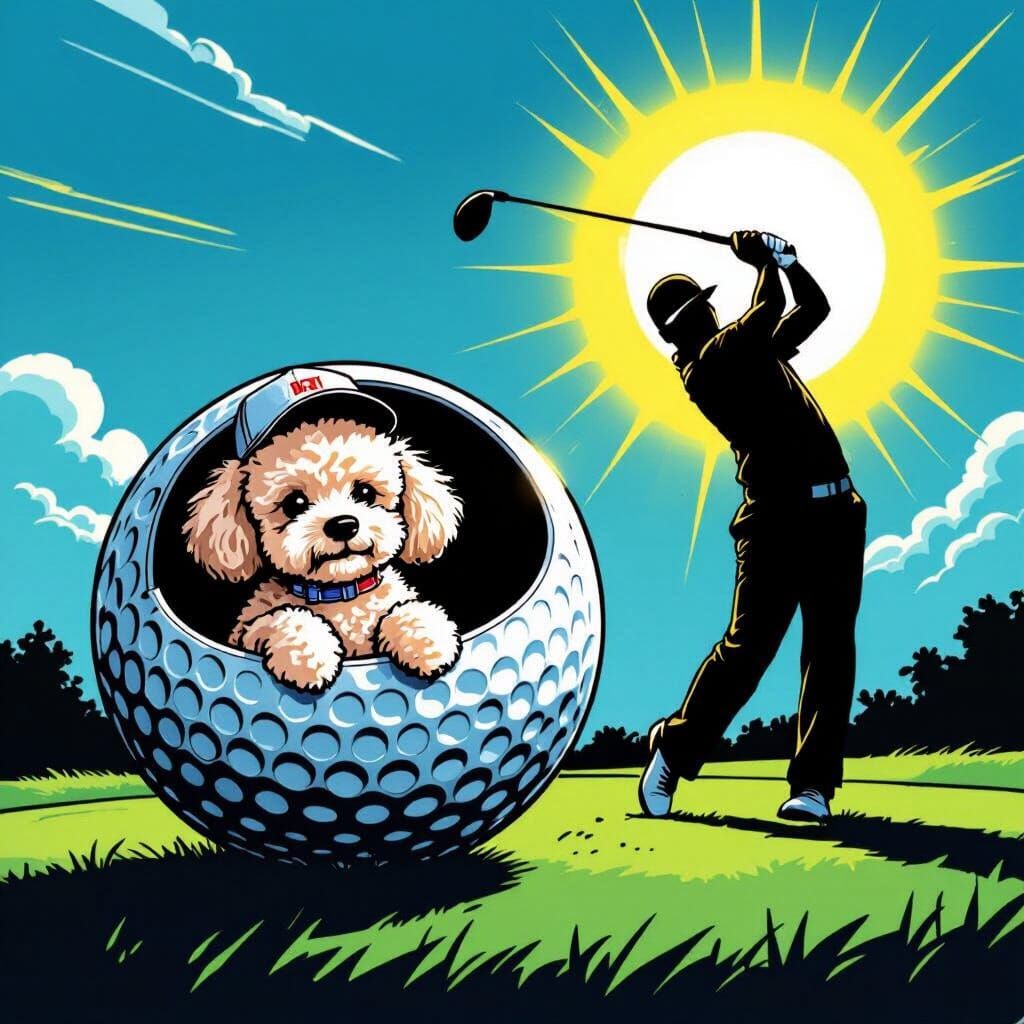 Poodle Golf Ball Surprise in Comic Book Style