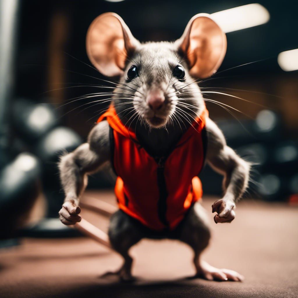 Muscular Anthropomorphic Mouse in Gym, Realistic Film Style