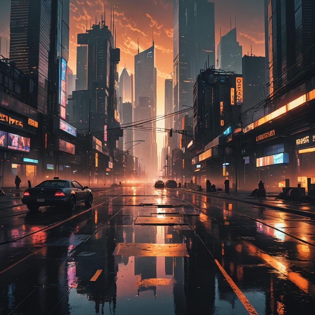 sunrise over a cyberpunk city