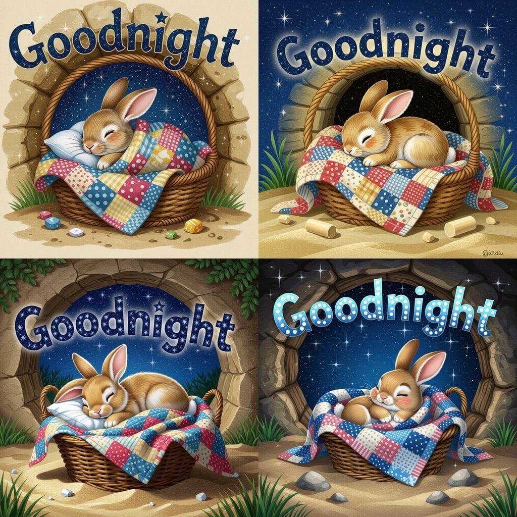 Cute Cartoon Bunny Sleeps in Starry Night Basket