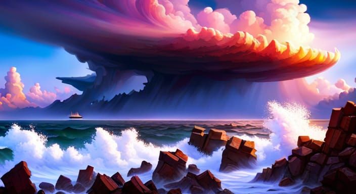 Pirate Ship Cloud Over Rocky Beach at Sunset