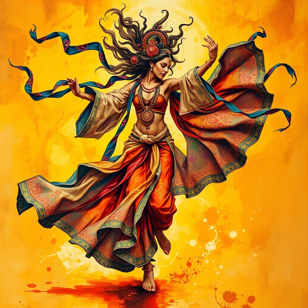 Ethereal Dancer in Cosmic Motion, Gouache and Watercolor Sty...