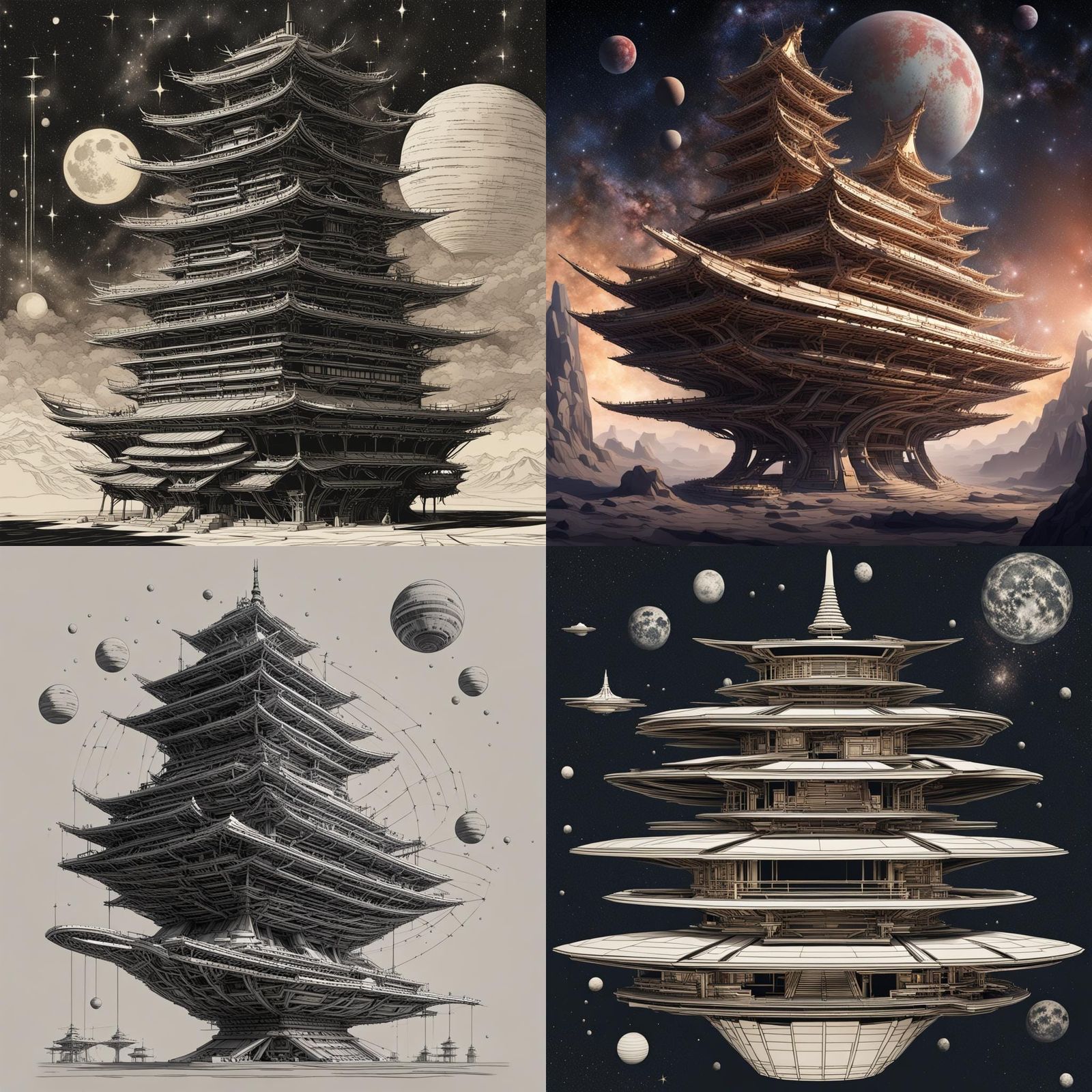 Pagoda Spaceship Soaring Through Deep Space
