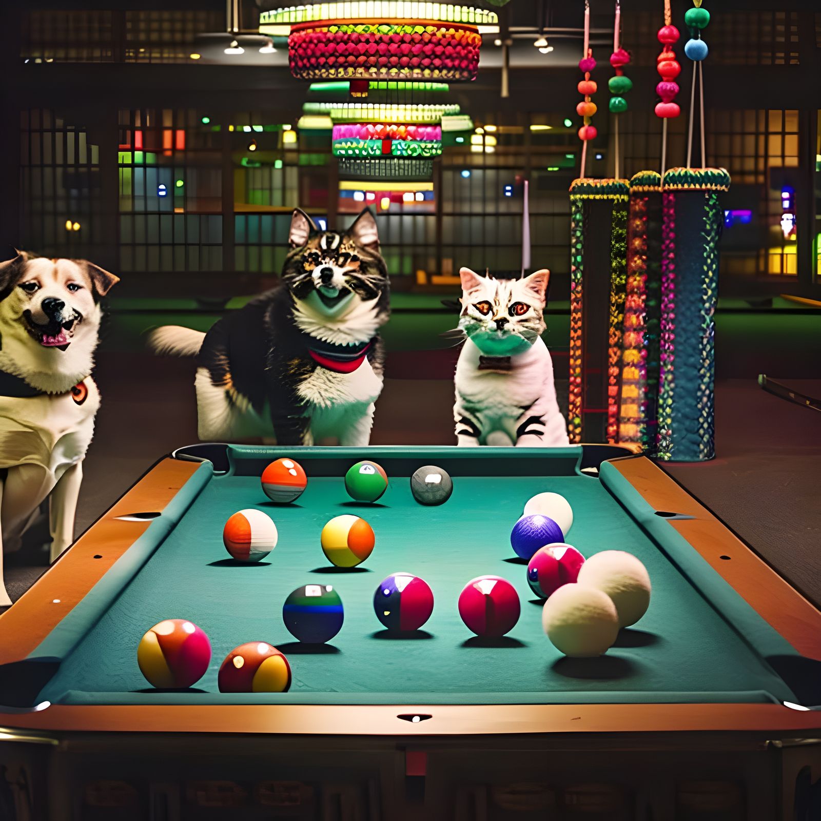 Dogs and Cats Play Billiards Under Rainbow Lanterns