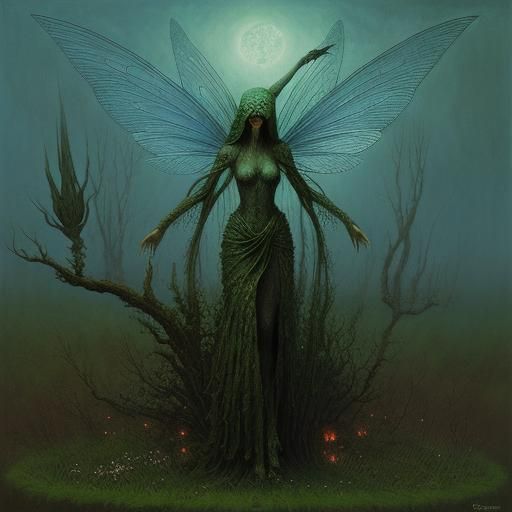 Distorted Fairy in a Dystopian Landscape