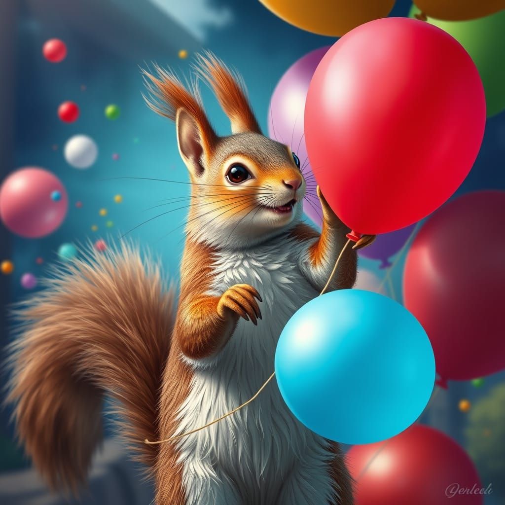 Hyperrealistic Squirrel Reaching for Colorful Balloons