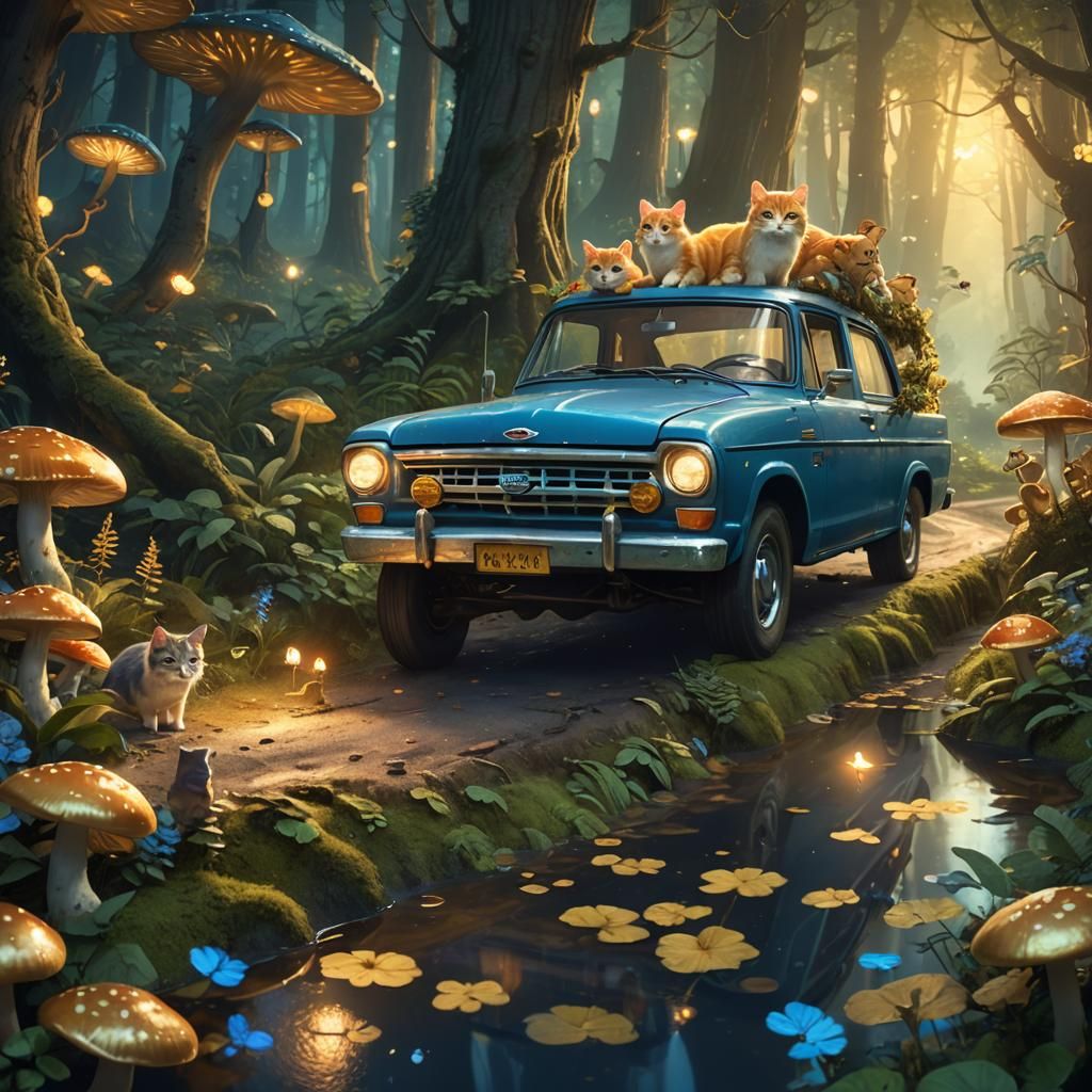 Cats Drive Classic Ford in Mystical Forest