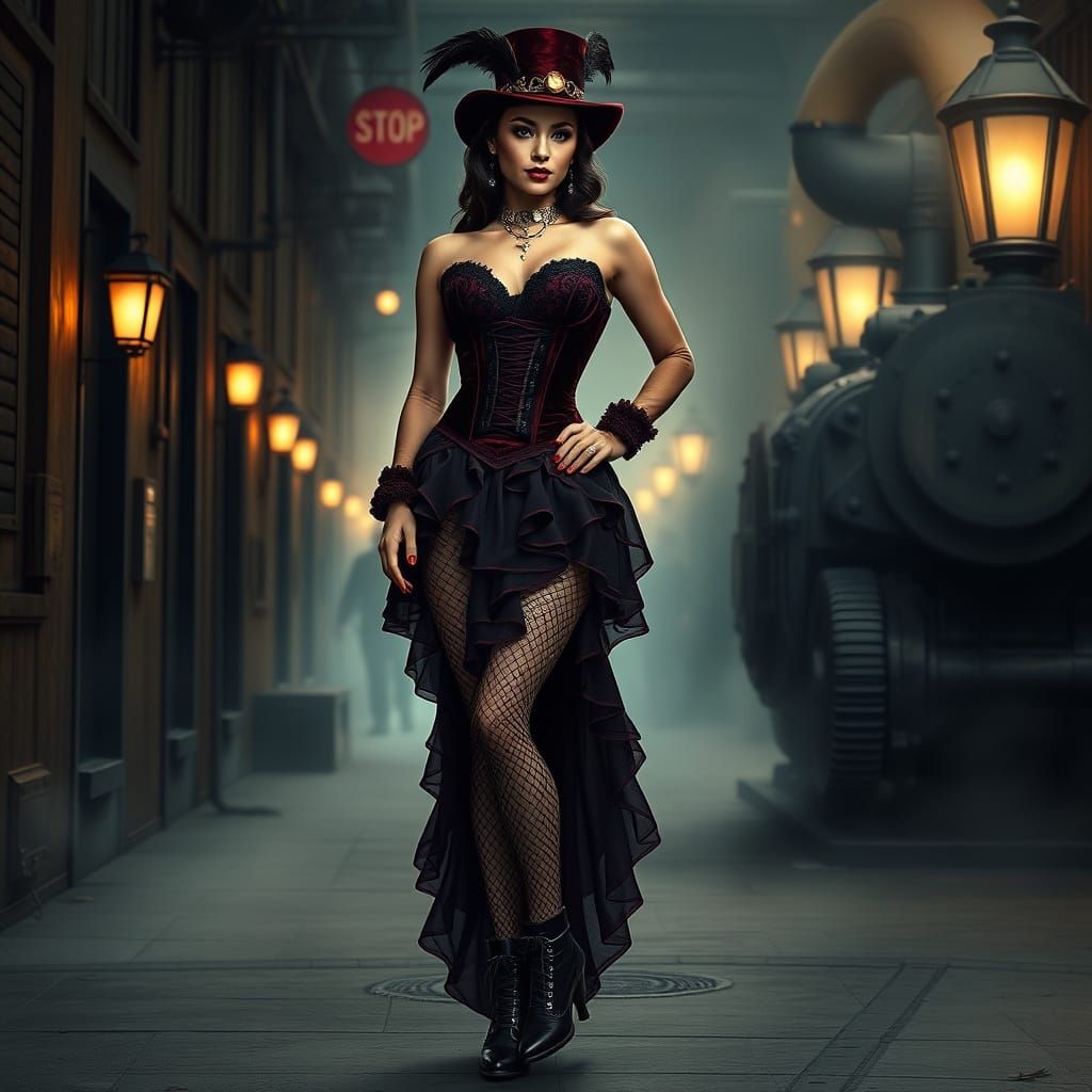 Confident Steampunk Siren in Dark Glamour Corset
