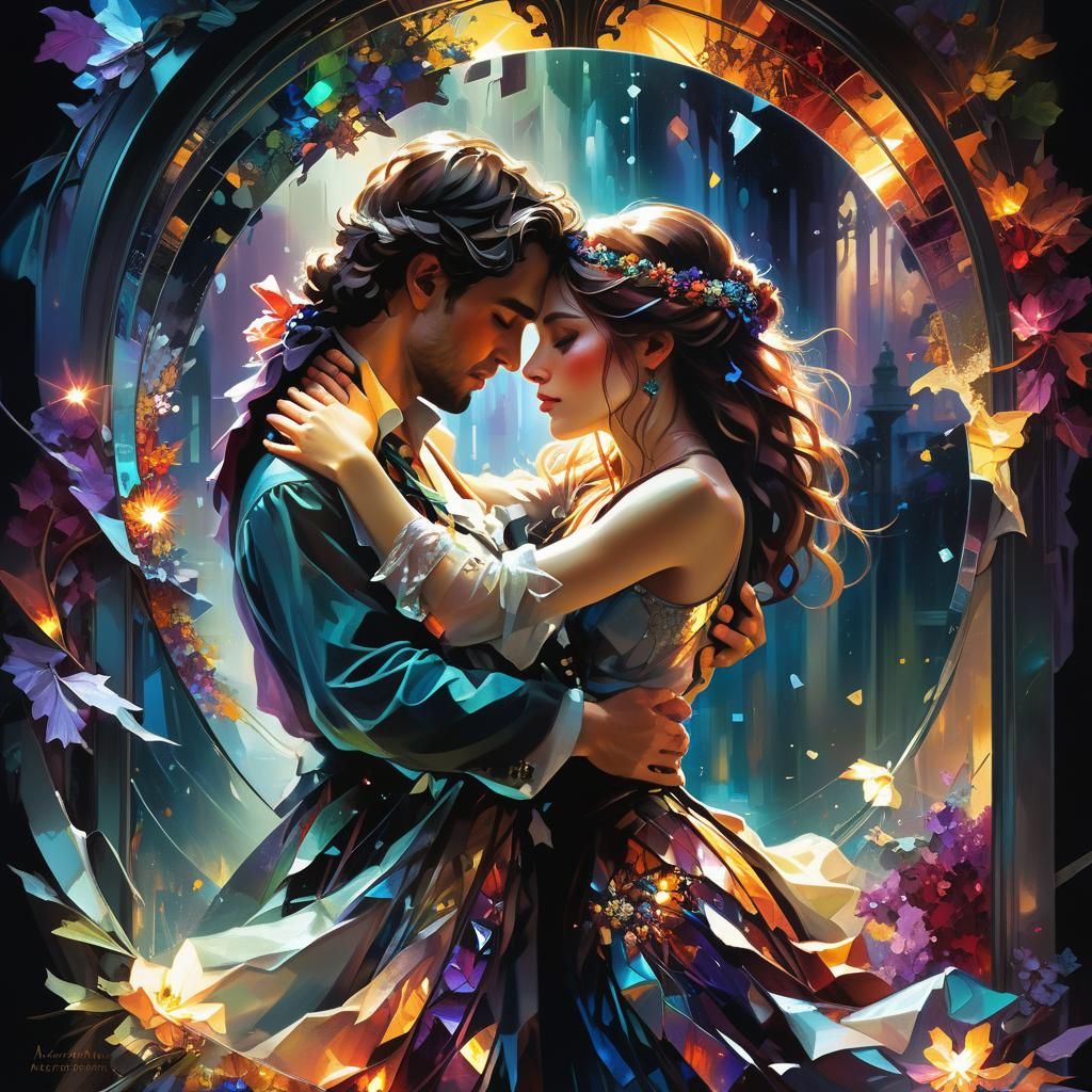 Shattered Mirror Reflecting Embrace in Vibrant Colors