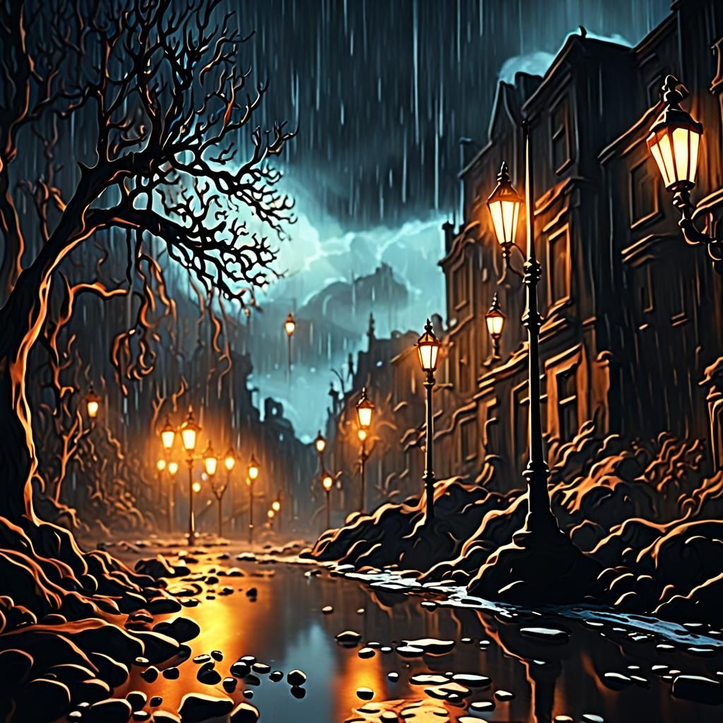Dreamlike 3D Stream in Rain, Fantasy Concept Art
