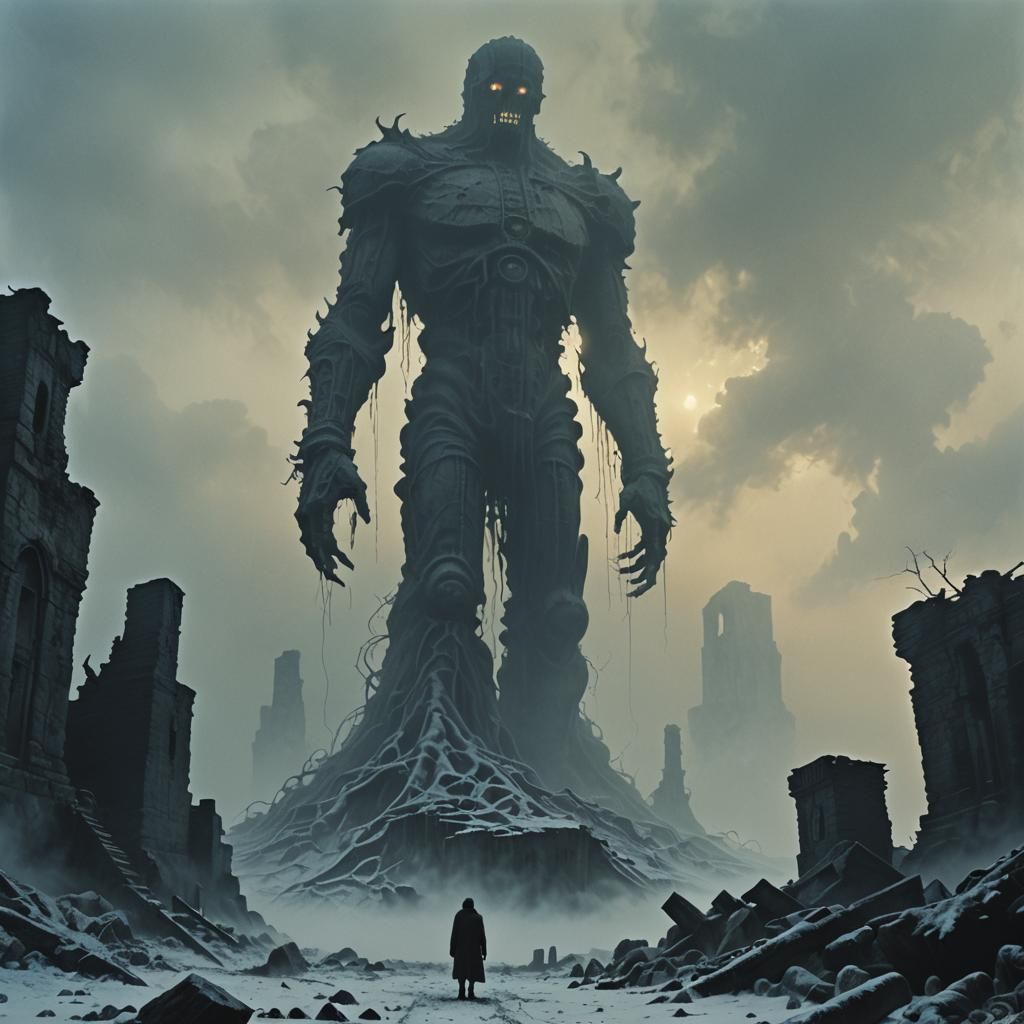 A colossal shadowy figure emerges from a foggy Antarctic lan...