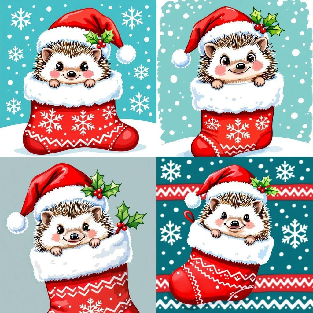 Cute Hedgehog in Christmas Stocking Watercolor Illustration
