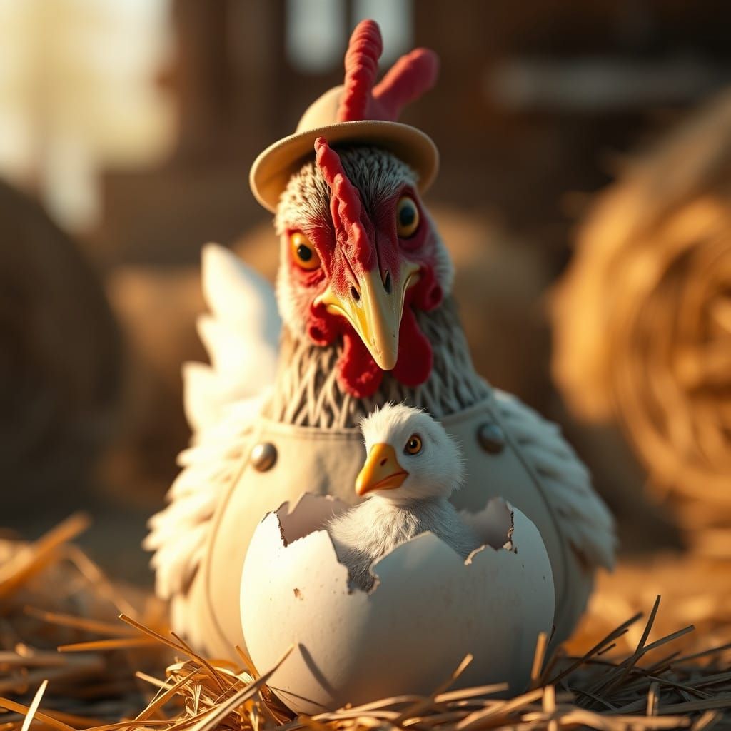 Whimsical Barnyard Scene with Lifelike Goose and Chicken