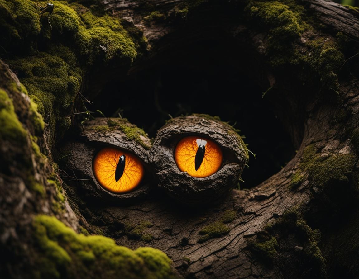 Glowing Eyes in a Dark Forest Hollow