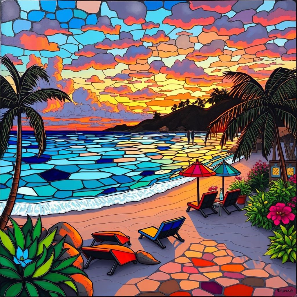 Sunset Beach Luau in Stained Glass Style