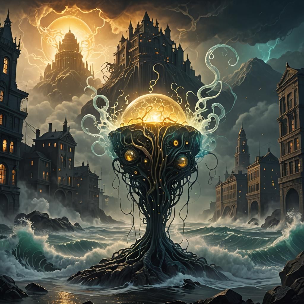 Glass 'A' in Swirling Fog: Dark Fantasy Illustration