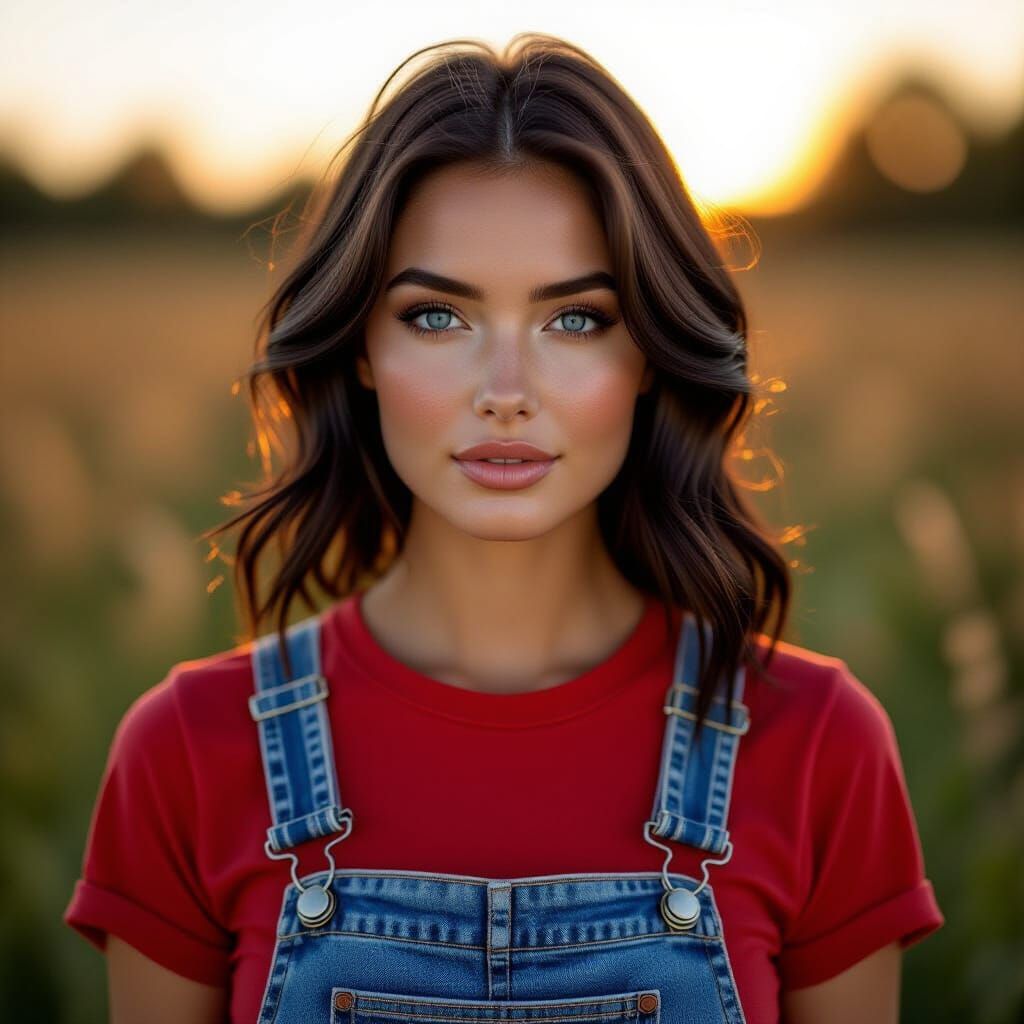 Photorealistic Woman in Overalls with Golden Hour Lighting