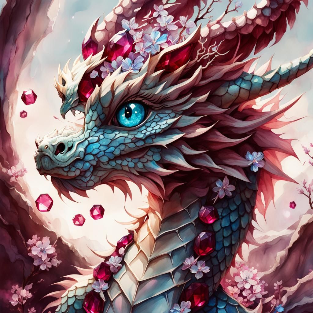 Ruby Dragon in Crystal: Watercolor Bioluminescent Art