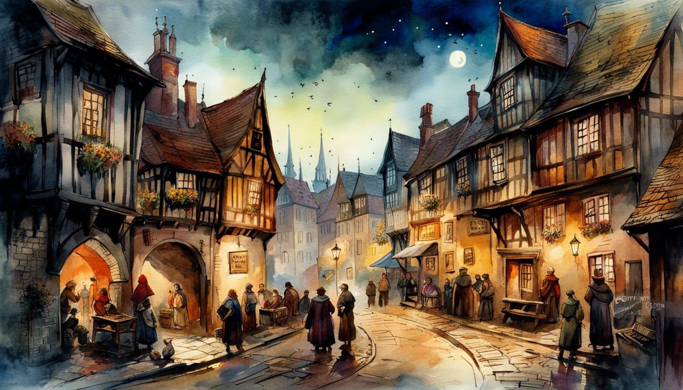 Watercolor Medieval European Town at Night