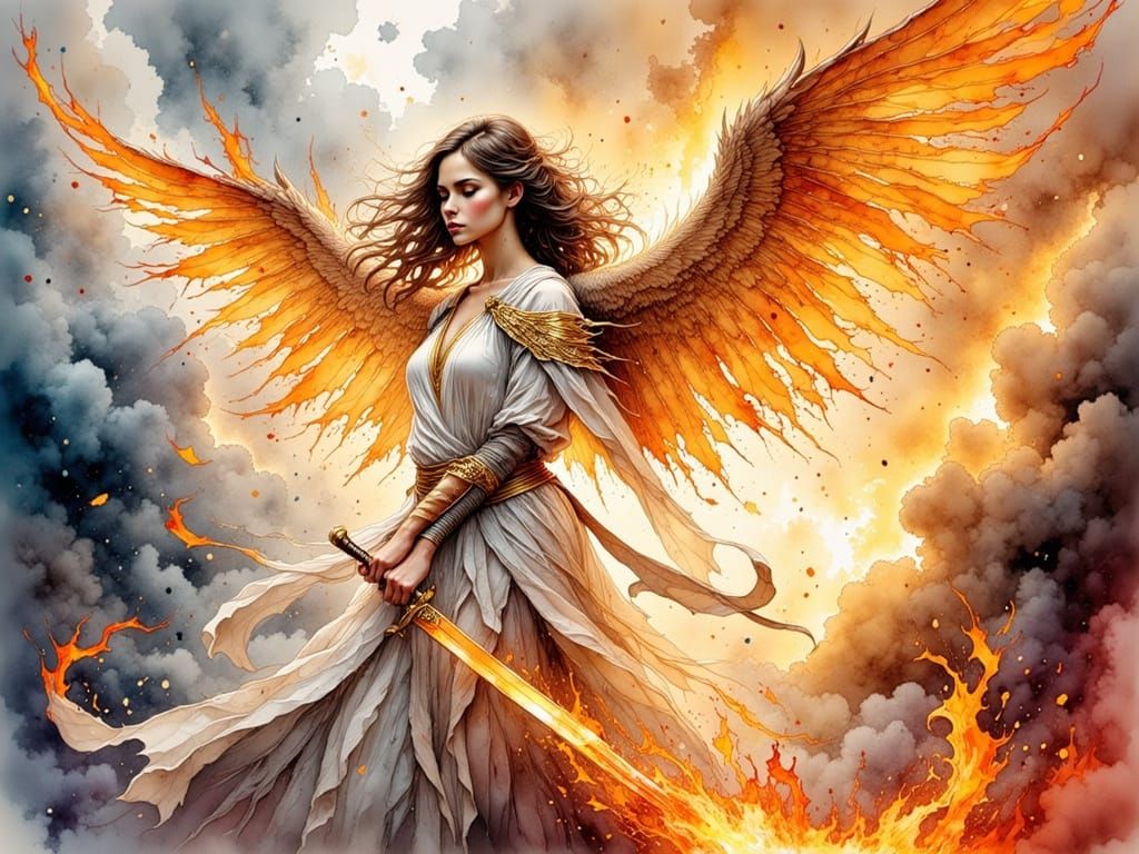 Warrior Angel in Flowing Robes with Flaming Sword