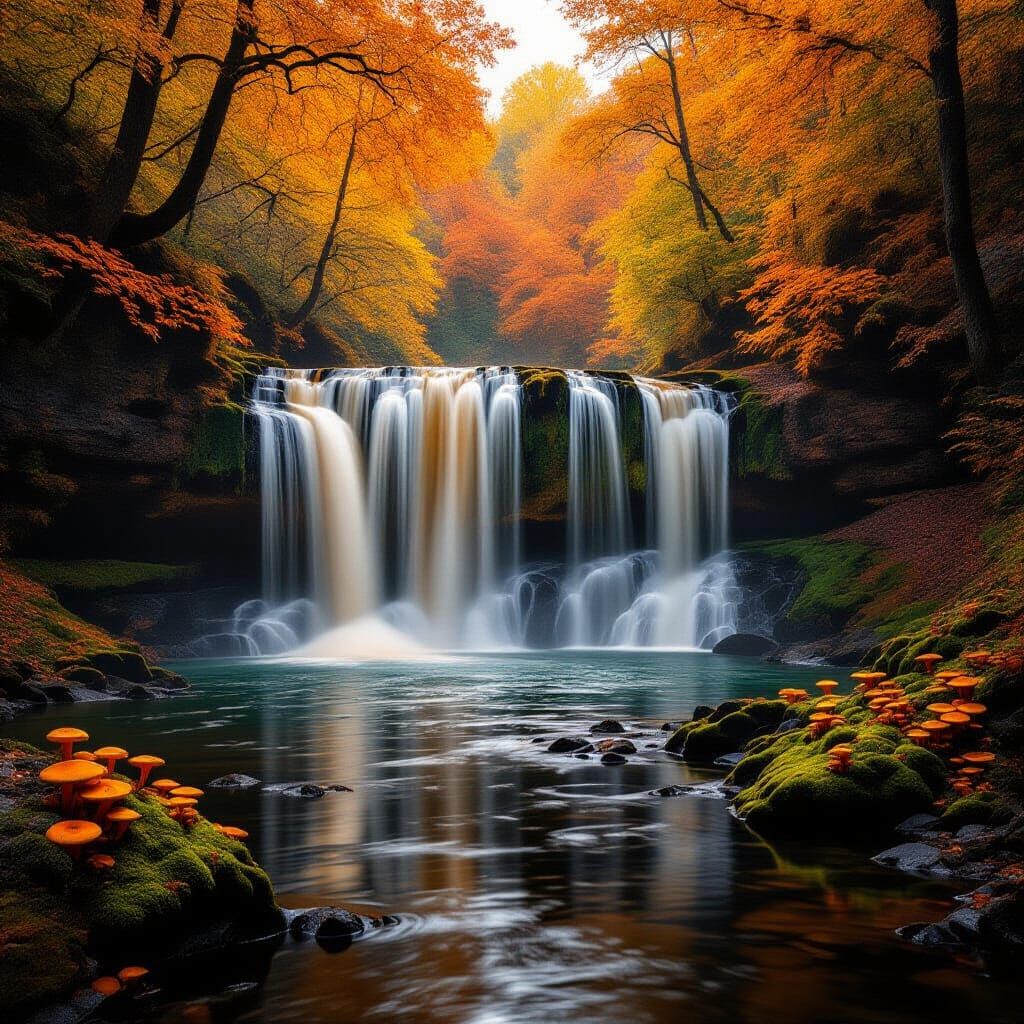 Majestic Waterfall in Golden Hour Forest