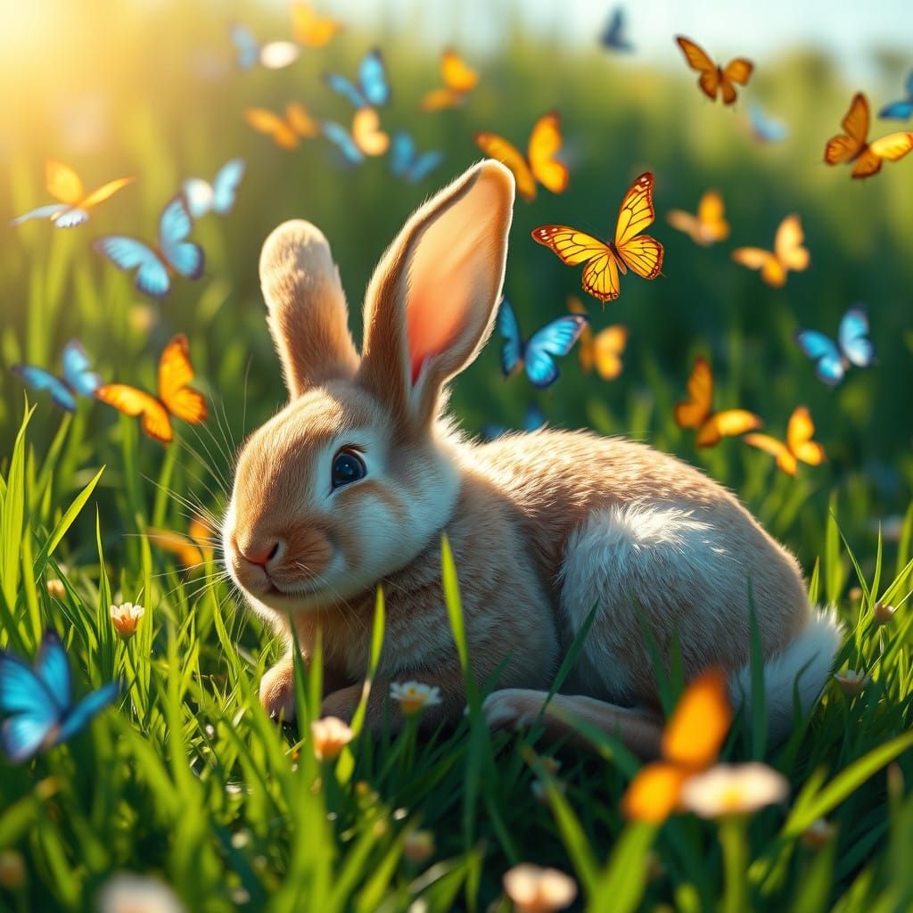 Whimsical Bunny in Emerald Meadow with Iridescent Butterflie...