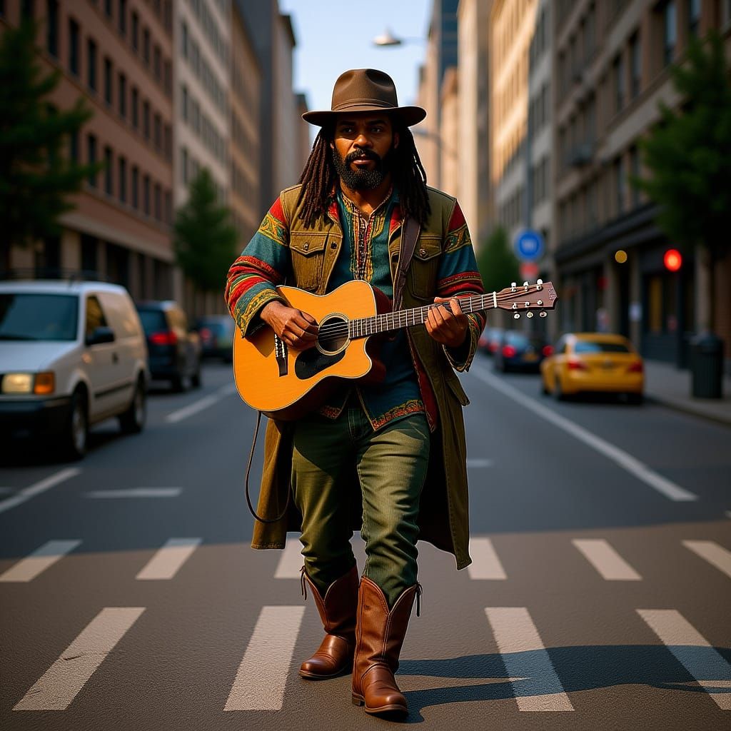 Reggae Cowboy Guitarist in NYC, Fantastical Matte Painting