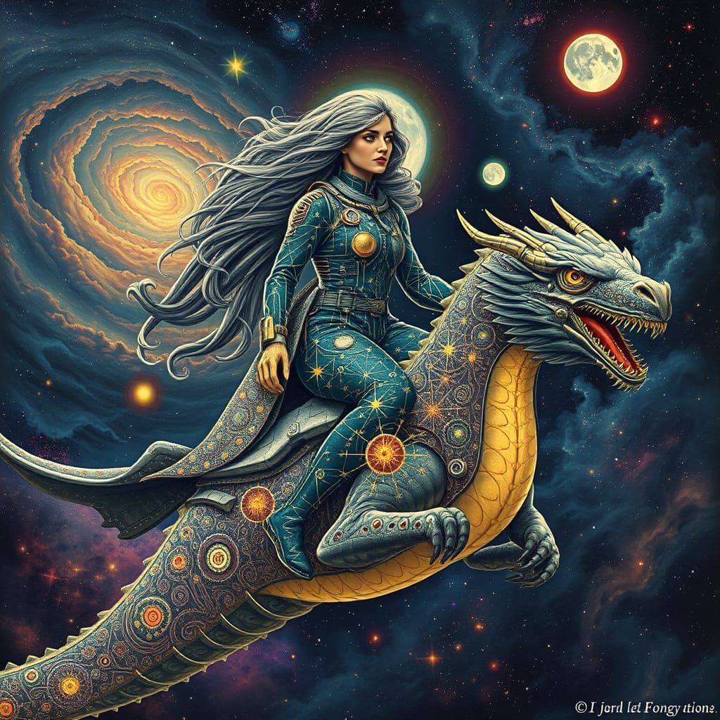Cosmic Woman Traveller Rides Space Dragon in Starlight Space...