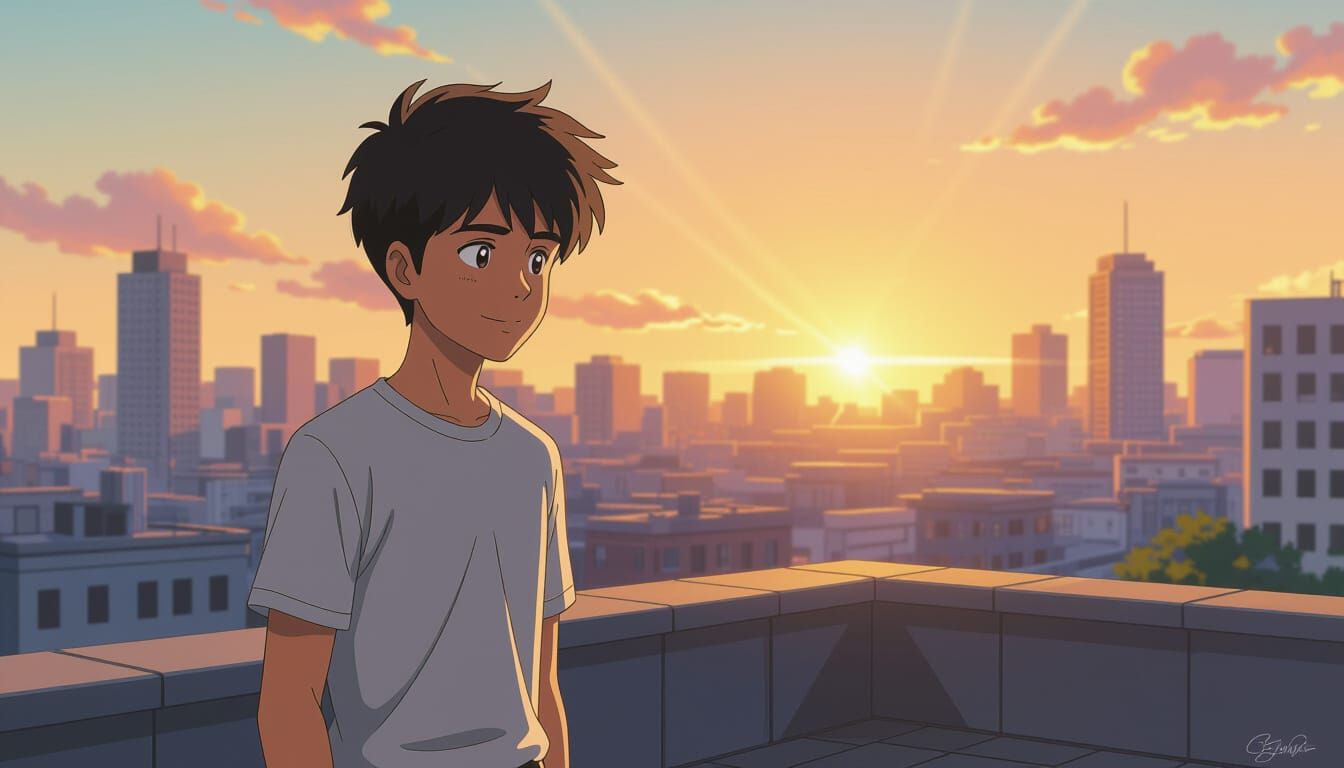 Hopeful Indian Teenager on Rooftop at Sunrise
